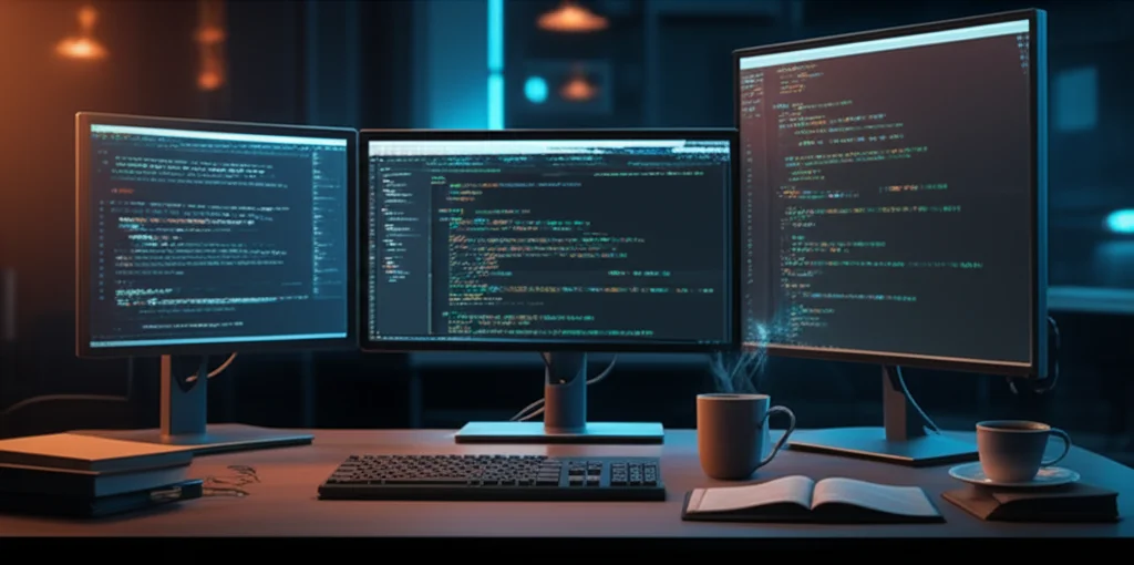 プログラミングコードが表示された3つのモニターとコーヒー、書籍が置かれたデスクの風景。