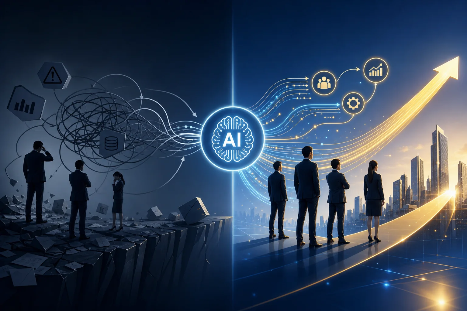 左側は混乱したデータ、右側はAIによる成長と未来のビジョンを示す。