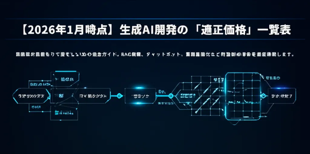 生成AI開発に関する適正価格の一覧表で、各要素がフローチャート形式で示されています。
