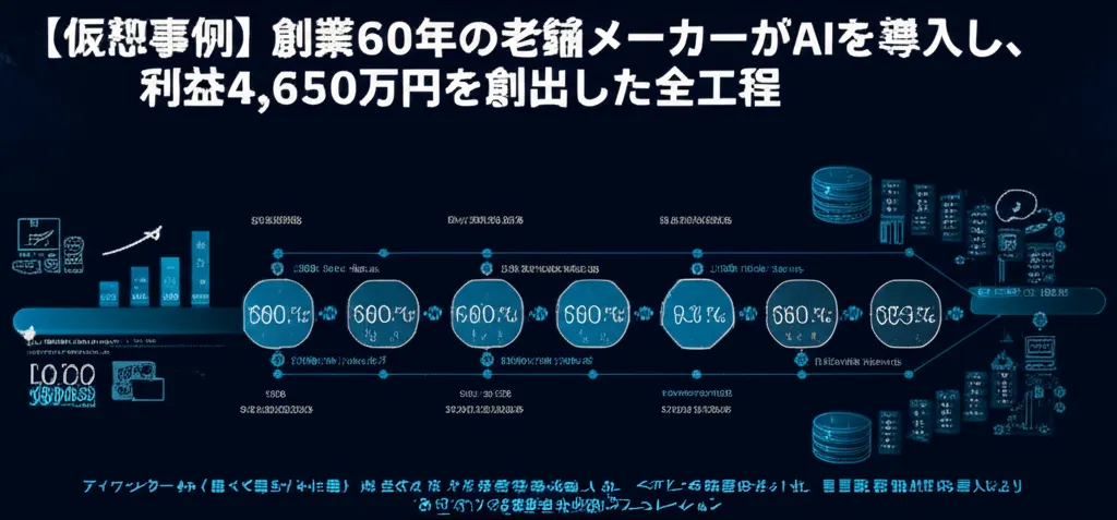 AIを導入した老舗メーカーの利益創出プロセスを示す図。各工程の数値と説明が含まれている。