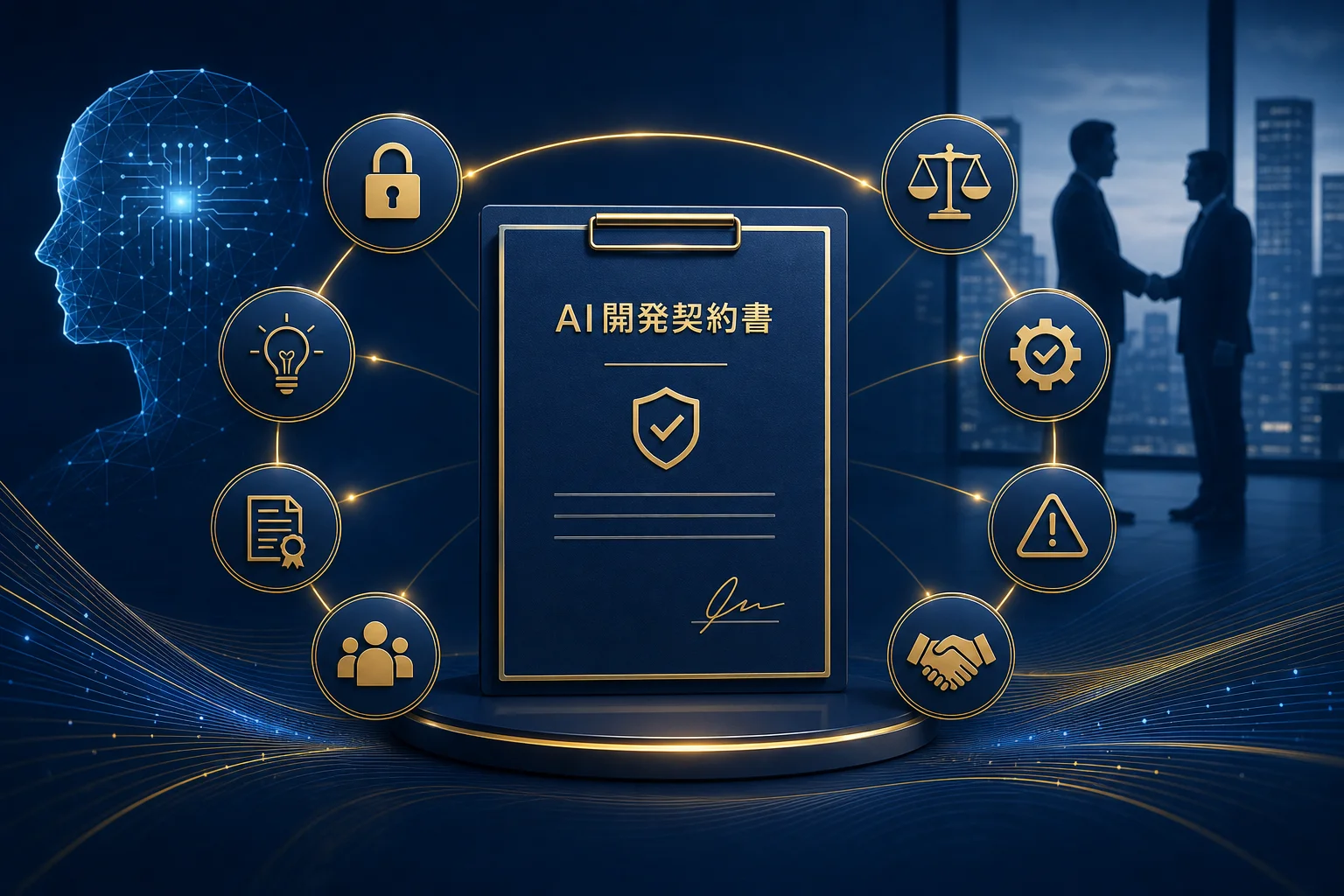 AI開発契約書を中心に、関連するアイコンが配置されている。