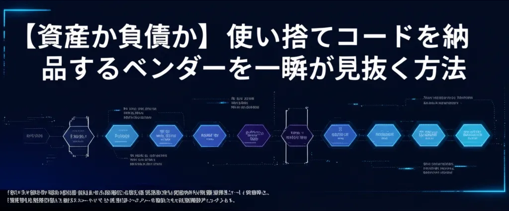 資産と負債の観点から、コードを納品するベンダーを見抜く方法を示した図。
