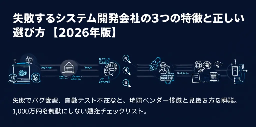 システム開発会社の選び方に関する情報を視覚的に表現した画像。