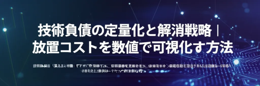 技術負債の定量化と解消戦略に関する内容を示す画像で、放置コストの可視化方法がテーマです。