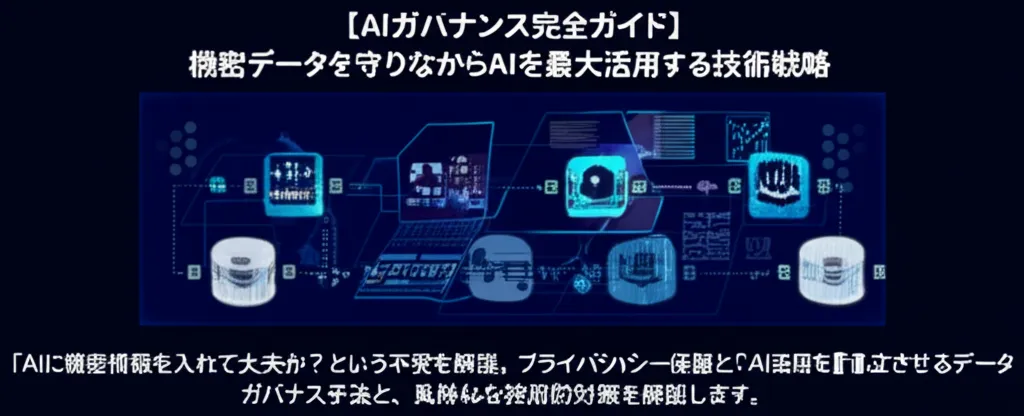 AIガバナンスに関する技術戦略を示す図で、データ保護と活用の関係を視覚化している。