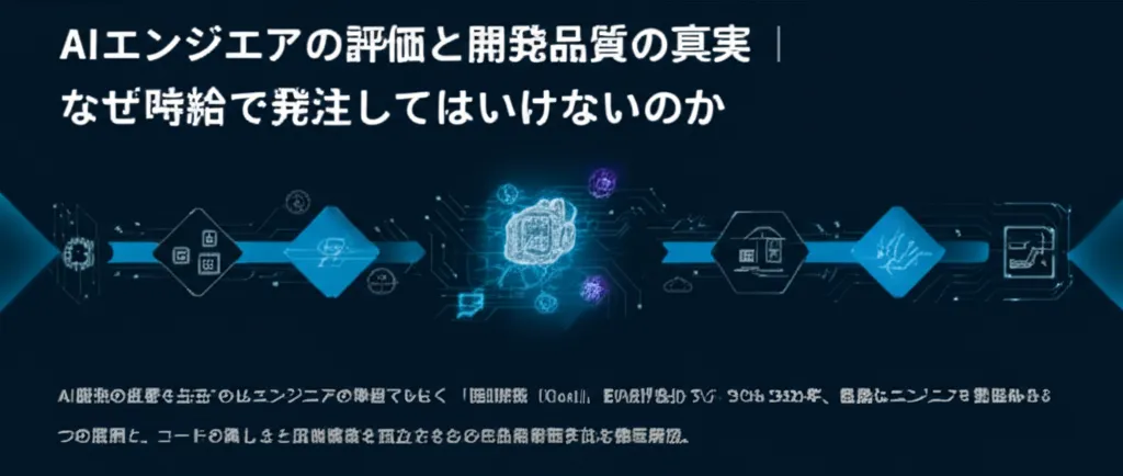 AIエンジニアの評価や開発品質に関する情報を示す図で、関連するアイコンやデータが配置されている。