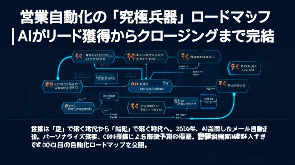 営業自動化のロードマップを示す図で、AIによるリード獲得からクロージングまでのプロセスが視覚化されている。