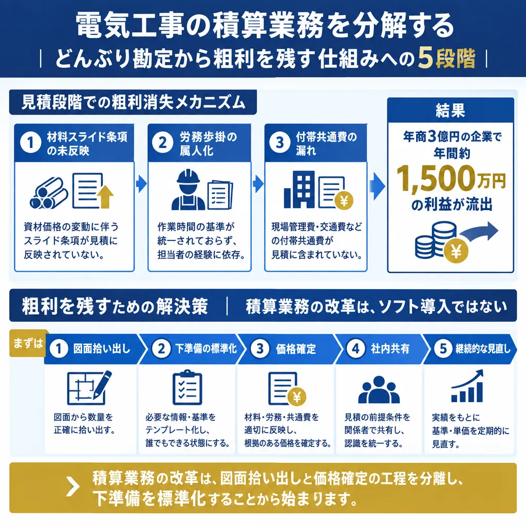 電気工事における見積段階の粗利消失メカニズムを示した図。材料スライド条項の未反映、労務歩掛の属人化、付帯共通費の漏れにより、年商3億円の企業で年間約1,500万円の利益が流出する構造を整理