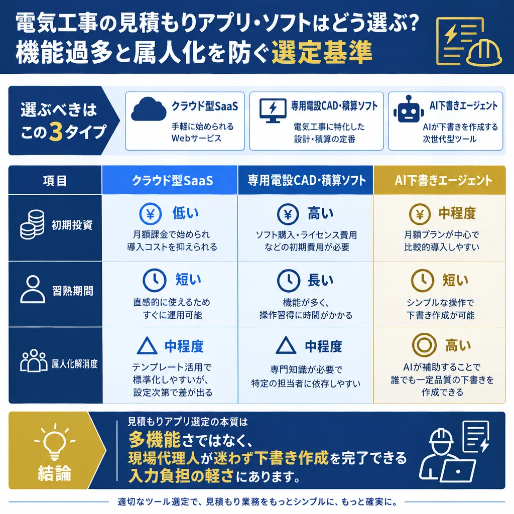 電気工事向け見積もりツール選定の構造を示した図。クラウド型SaaS、専用電設CAD・積算ソフト、AI下書きエージェントの3タイプについて、初期投資、習熟期間、属人化解消度を多角的に比較