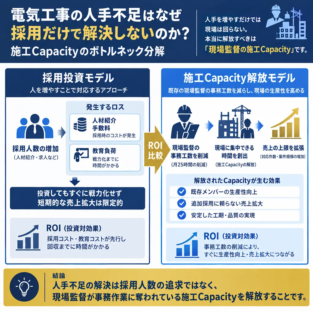 設備工事会社における採用投資モデルと施工Capacity解放モデルのROI比較図。人材紹介手数料と教育負荷によるロスに対し、既存現場監督の事務工数を月25時間削減して売上上限を拡張するメカニズムを解説