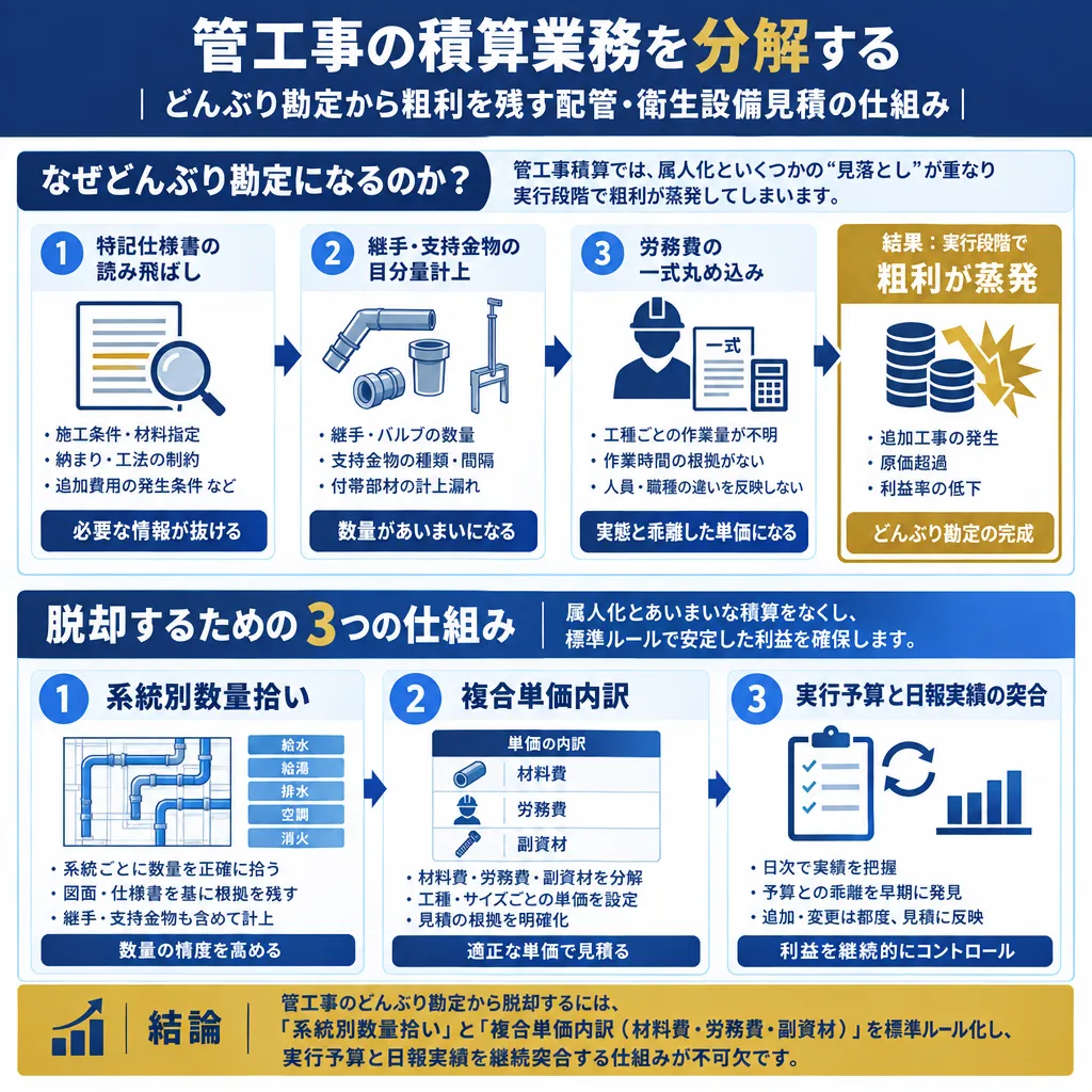 管工事積算における属人化とどんぶり勘定の発生構造。特記仕様書の読み飛ばし、継手・支持金物の目分量計上、労務費の一式丸め込みにより、実行段階で粗利が蒸発するプロセスを図解