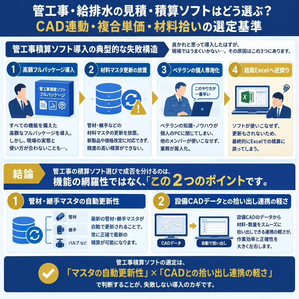 管工事積算ソフト導入における典型的な失敗構造。高額フルパッケージ導入、材料マスタ更新の放置、ベテランの個人専用化により、結局Excelへ逆戻りする原因を図解