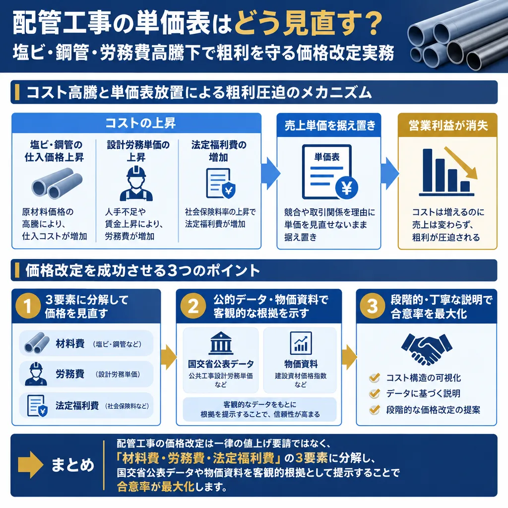配管工事におけるコスト高騰と単価表放置による粗利圧迫のメカニズム。塩ビ・鋼管の仕入価格上昇、設計労務単価の上昇、法定福利費の増加に対し、売上単価を据え置いたことで営業利益が消失する構造を図解