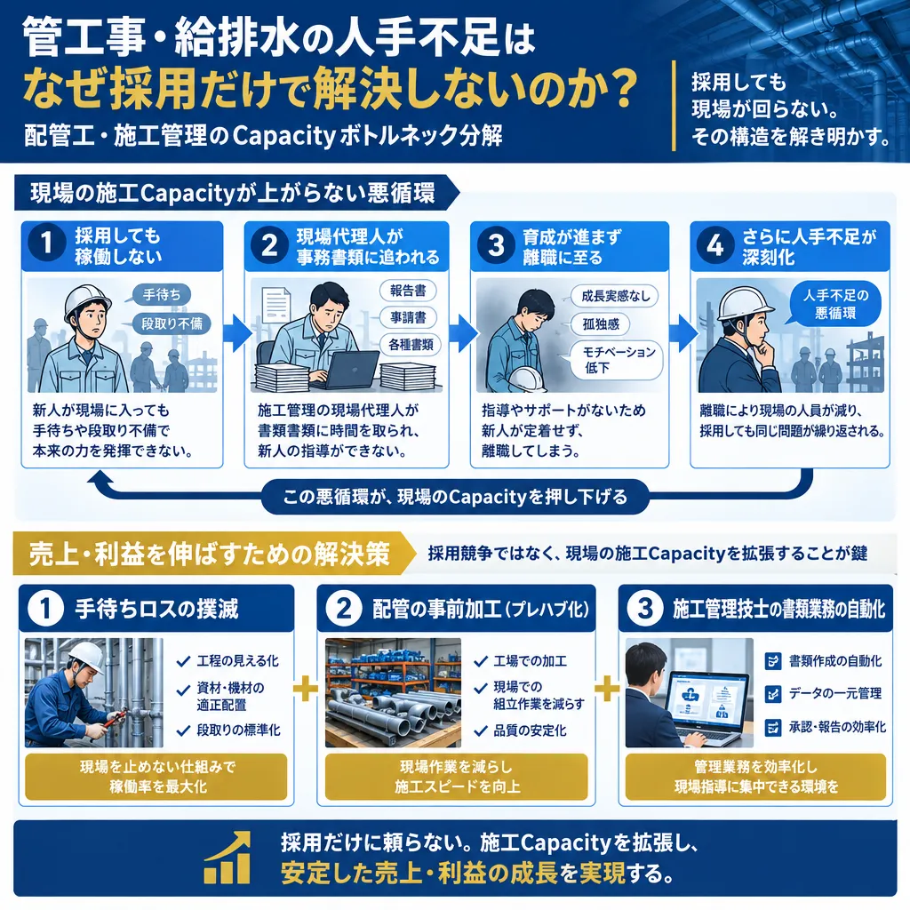 管工事現場における施工Capacityのボトルネック構造。採用しても新人が手待ち・段取り不備で稼働せず、現場代理人が事務書類に追われて指導できず、結果として離職に至る悪循環のメカニズムを図解