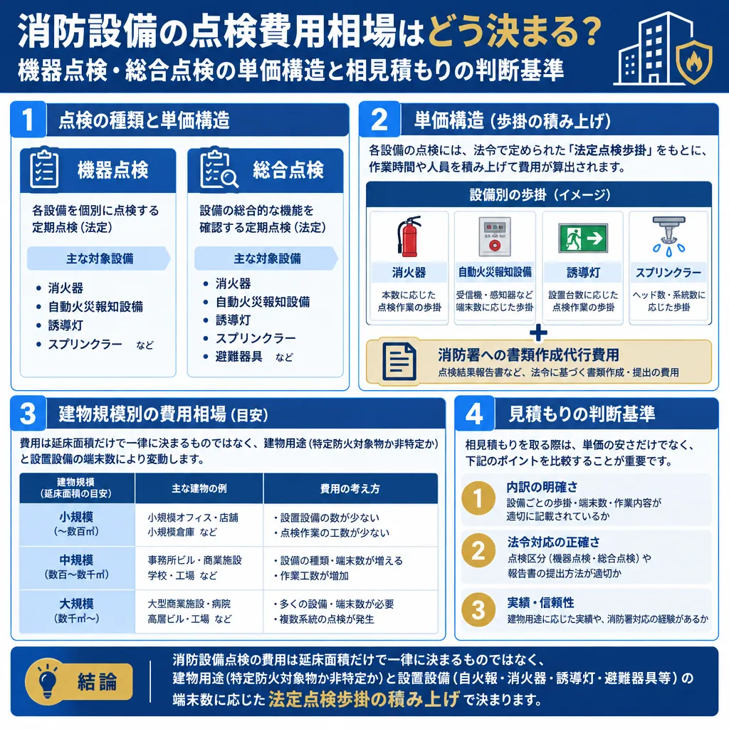 消防設備点検（機器点検と総合点検）の単価構造と建物規模別費用相場を示した図。消火器、自動火災報知設備、誘導灯、スプリンクラーの設備別歩掛積み上げと、消防署への書類作成代行費用の内訳を解説