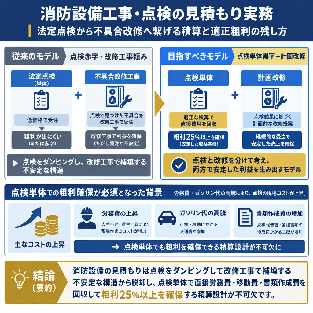 消防設備業における従来の「点検赤字・改修工事頼み」モデルと、目指すべき「点検単体黒字＋計画改修」の適正粗利モデルの比較図。労務費・ガソリン代高騰により点検単体での粗利確保が必須となった構造を解説