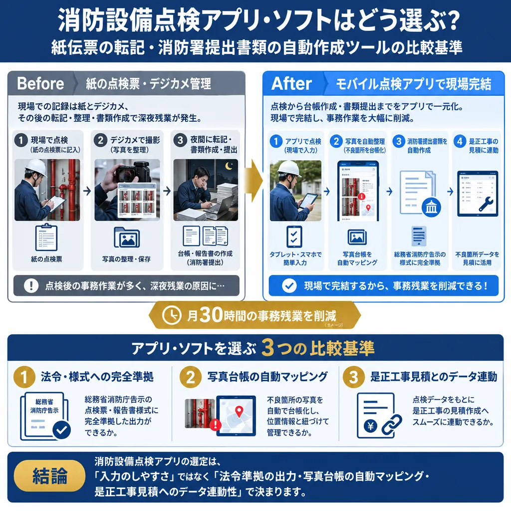 消防設備点検における紙の点検票・デジカメ写真整理による深夜残業構造と、モバイル点検アプリによる現場完結・自動台帳作成ワークフローの対比図。点検員の事務残業を月30時間削減するメカニズムを解説