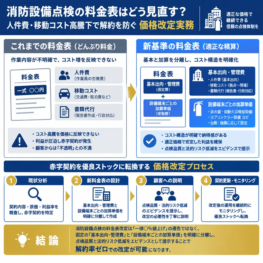 消防設備点検における過去の「どんぶり料金表」と、労務費・移動費・書類代行を適正化した「新基準料金表」の構造比較図。赤字契約を優良ストックに転換する価格改定プロセスを解説