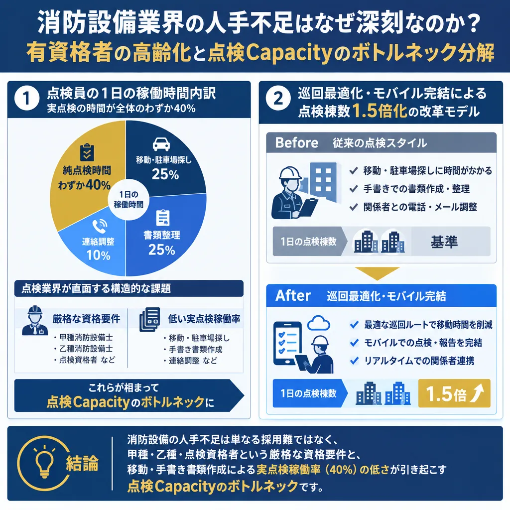 消防設備業における点検員の1日の稼働時間内訳（移動・駐車場探し25%、書類整理25%、連絡調整10%、純点検時間わずか40%）と、巡回最適化・モバイル完結による点検棟数1.5倍化の改革モデルを示した図