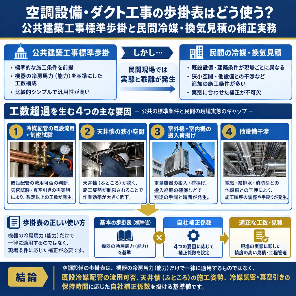 空調設備工事における公共建築工事標準歩掛と民間現場の実態乖離構造を示した図。冷媒配管の既設流用・気密試験、天井懐の狭小空間、室外機・室内機の搬入荷揚げ、他設備干渉の4要因による工数超過のメカニズムを解説