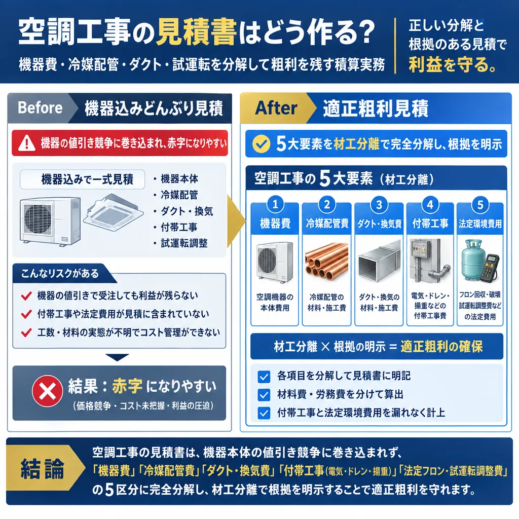 空調設備工事における「機器込みどんぶり見積」による赤字構造と、5大要素（機器・冷媒・ダクト・付帯・試運転調整）を材工分離した「適正粗利見積」の比較図。付帯工事と法定環境費用の明示による利益確保メカニズムを解説