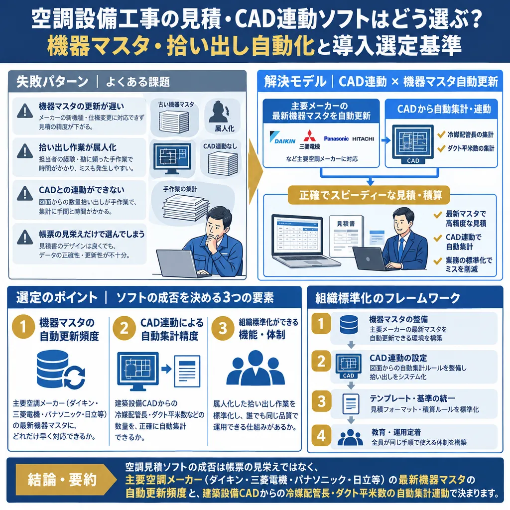 空調設備工事における見積・積算ソフト選定の失敗パターンと、CAD連動・メーカーマスタ自動更新による業務効率化モデルの対比図。属人化した拾い出し作業を組織標準化するフレームワークを解説