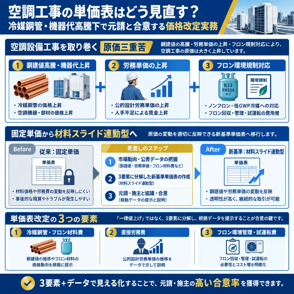 空調設備工事における銅建値高騰、労務単価上昇、フロン環境規制対応による原価三重苦の構造を示した図。過去の固定単価から材料スライド連動型の新基準単価表への移行プロセスを解説