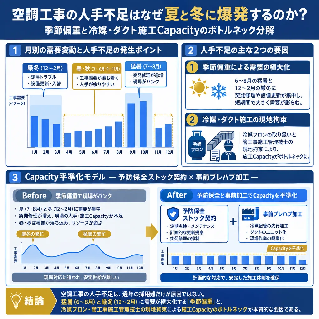 空調設備工事における月別需要変動(7月・8月の突発修理パンクと春・秋の稼働低下)と、予防保全ストック契約・事前プレハブ加工によるCapacity平準化モデルを示した図