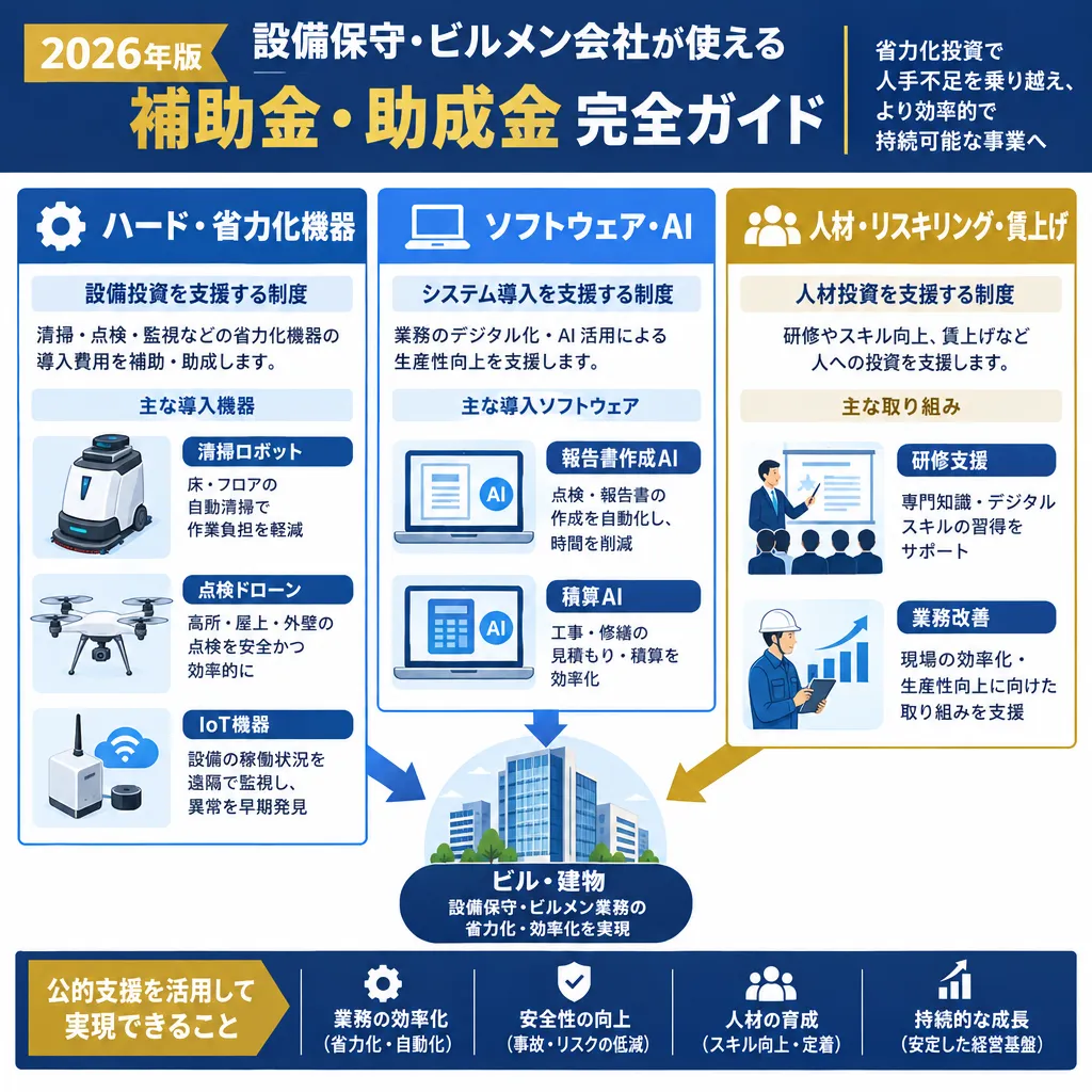設備保守・ビルメン向け補助金の3系統（ハード省力化機器・ソフトウェアAI・人材賃上げ）と代表制度を整理したマップ図