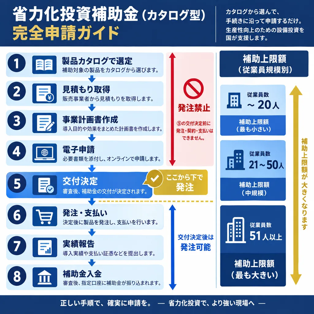 省力化投資補助金カタログ型の申請の流れを示した8ステップのフロー図。交付決定を境に発注可否が切り替わる構造と、従業員規模別の補助上限の階段を表現