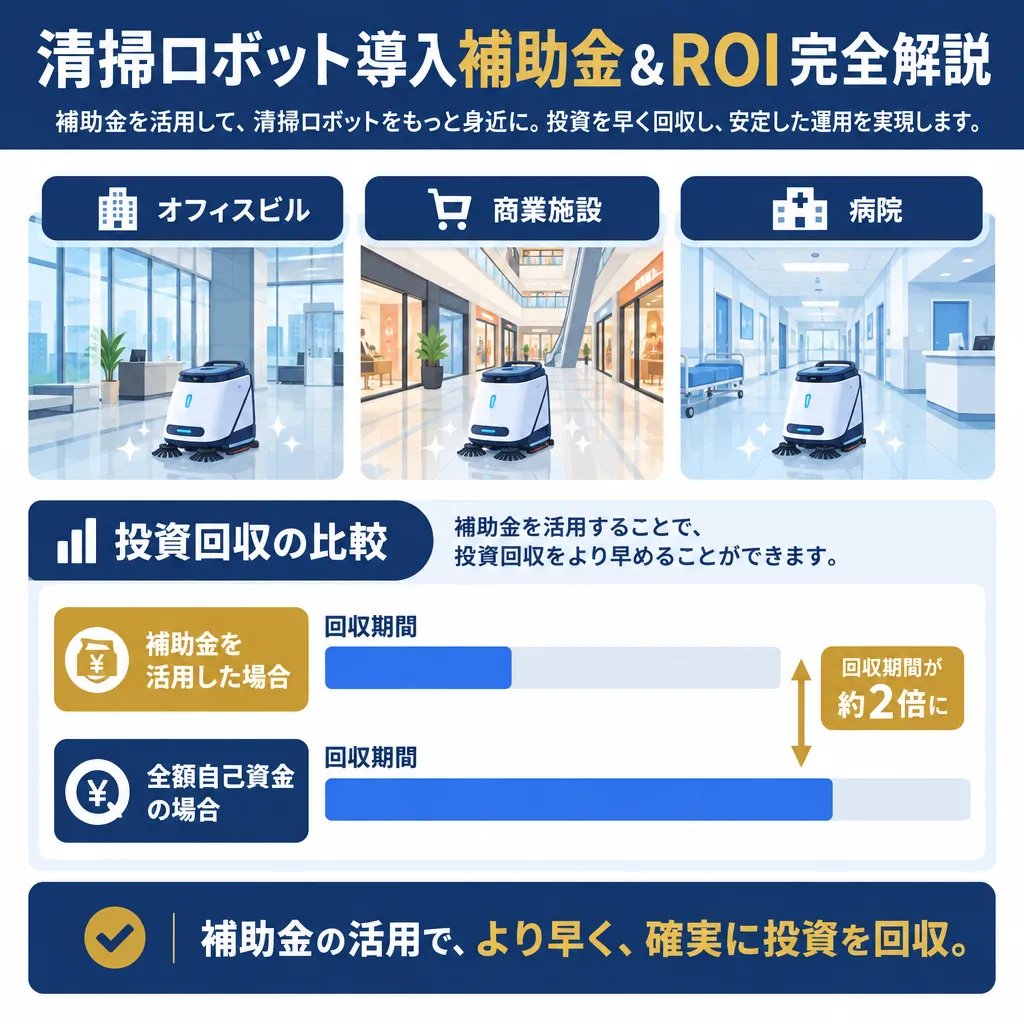 清掃ロボット導入の投資回収期間を補助金あり・なしで比較した図解。オフィスビル・商業施設・病院の3つの現場ケースを添えて表現