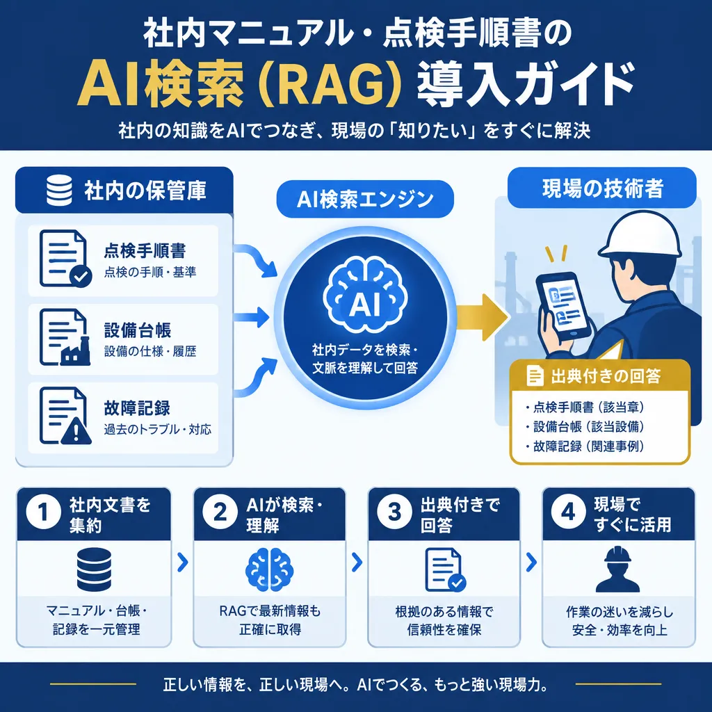 社内の点検手順書・故障記録・設備台帳をAI検索（RAG）で即座に引き出す構造を示した図