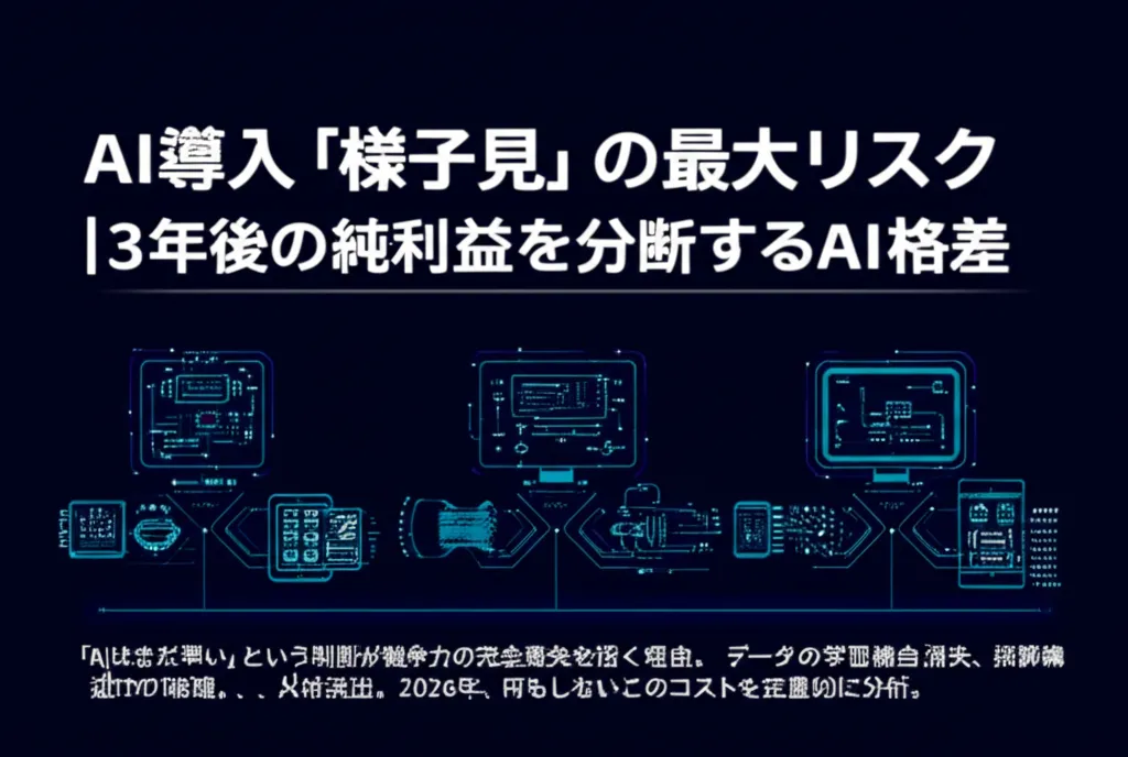 AI導入に関するリスクと利益の分断を示す図。データ解析やAIの影響を視覚化している。