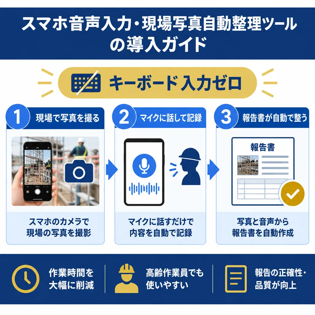 写真撮影→音声記録→報告書自動生成の3ステップで現場の記録を完結させる流れを示した図