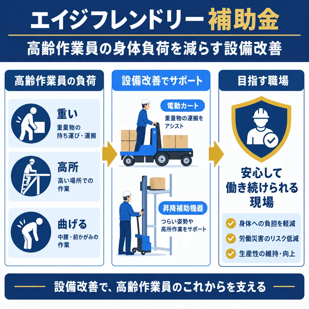 高齢作業員の身体的負荷（重量物・高所・姿勢）を機器と環境改善で軽減する方向を示した図
