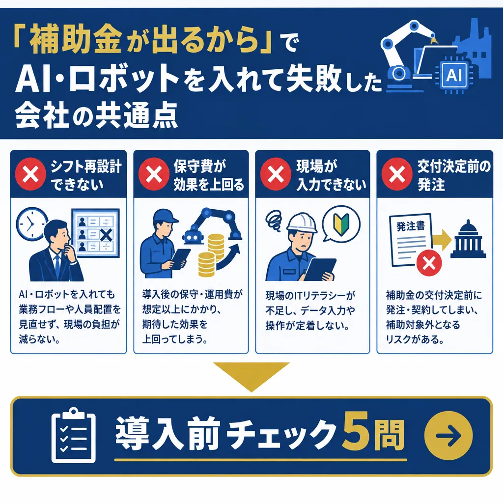 補助金導入の4つの失敗パターン（シフト再設計不可・運用費過大・入力負荷・決定前発注）と導入前チェックへの導線を示した図