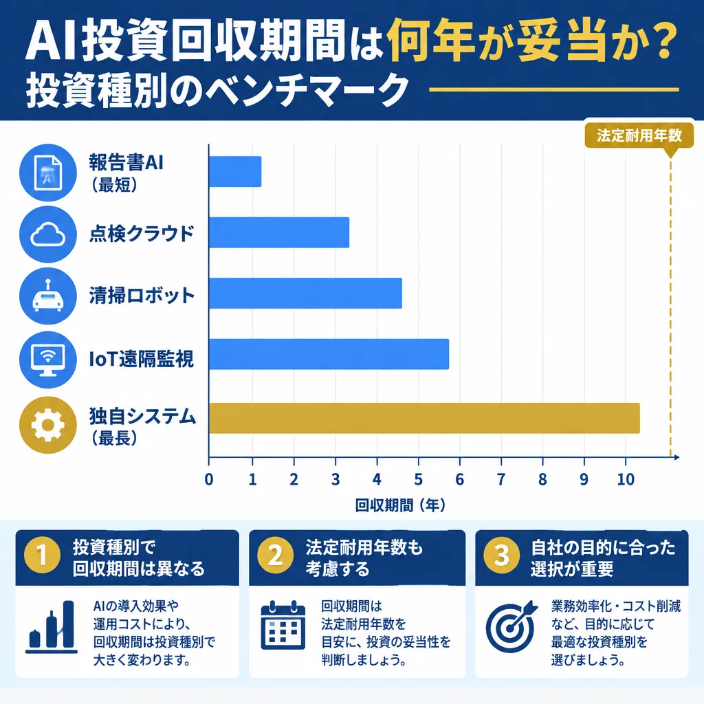 投資種別ごとの回収期間の目安を横棒比較し、法定耐用年数の基準線と照らす図
