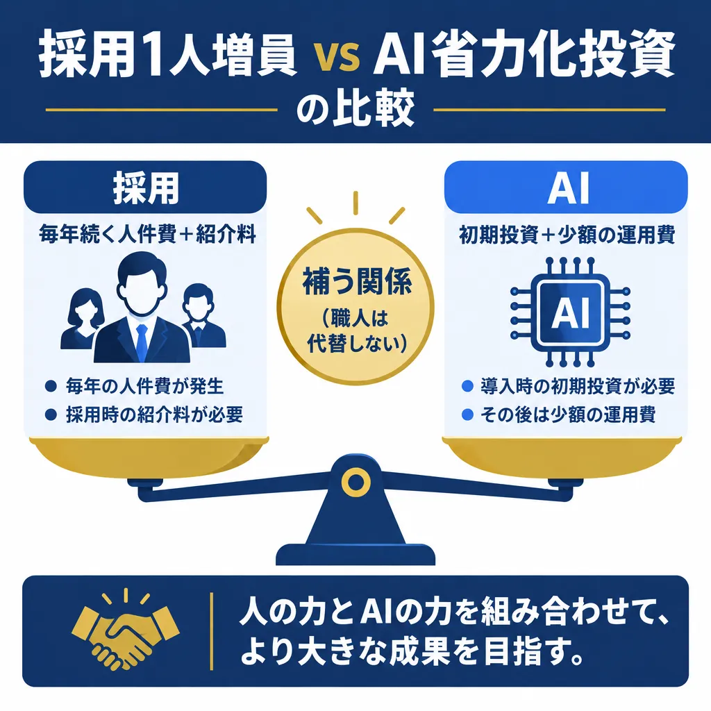 採用（恒常的な人件費増）とAI（初期投資＋少額運用費）のコスト構造を天秤で比較した図