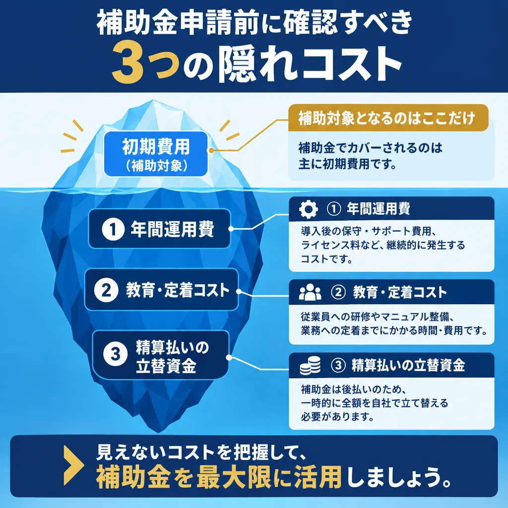 補助金の初期費用の水面下にある3つの隠れコスト（運用費・教育時間・立替資金）を氷山モデルで示した図