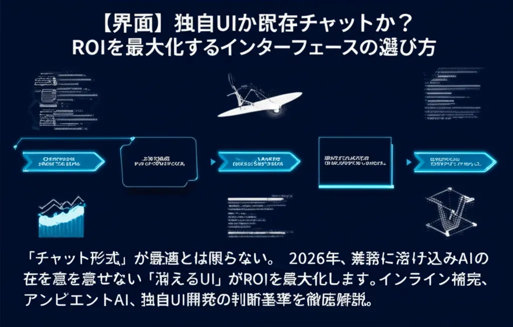 独自UIと既存チャットの比較を示す図。ROI最大化の方法について解説している。