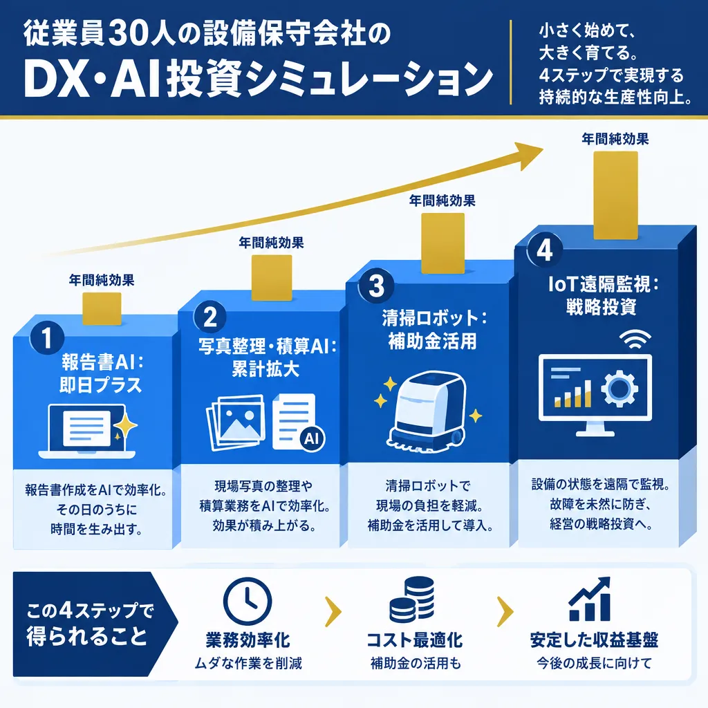 報告書AI→写真・積算AI→清掃ロボット→IoT監視の4段階で年間純効果が積み上がる構造を示した図
