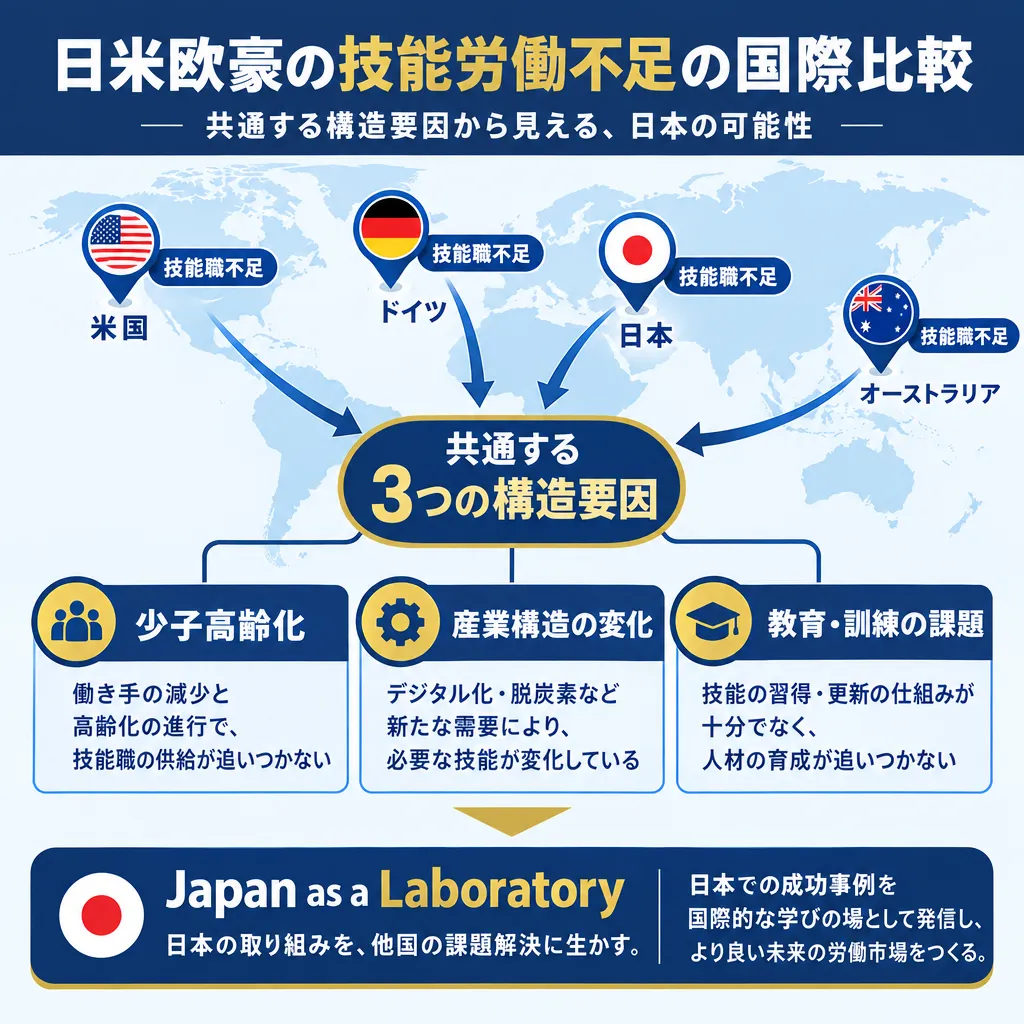 日米欧豪4カ国の技能職不足を比較し、共通する構造要因を束ねる国際比較の構造を示した図