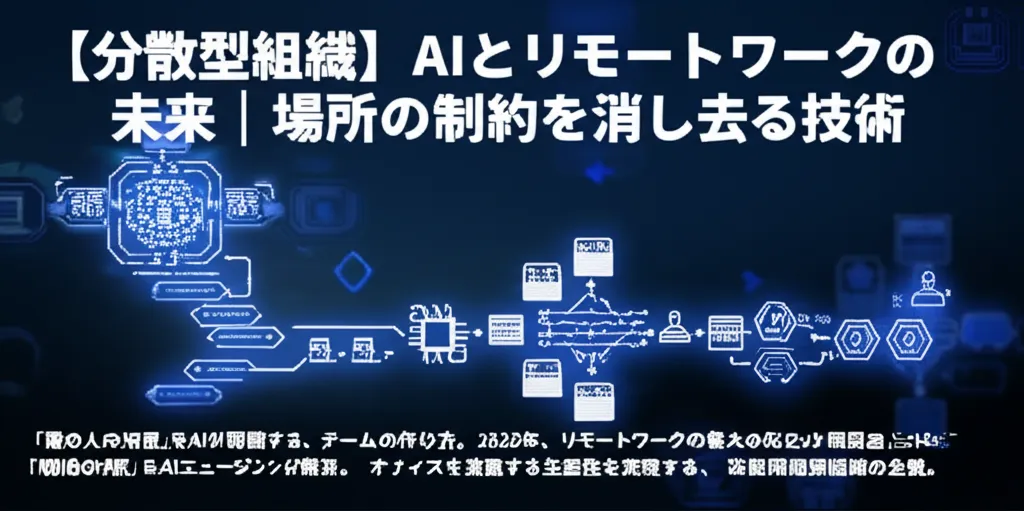 分散型組織におけるAIとリモートワークの未来を示すビジュアル。技術の進化が場所の制約を解消する様子を表現している。