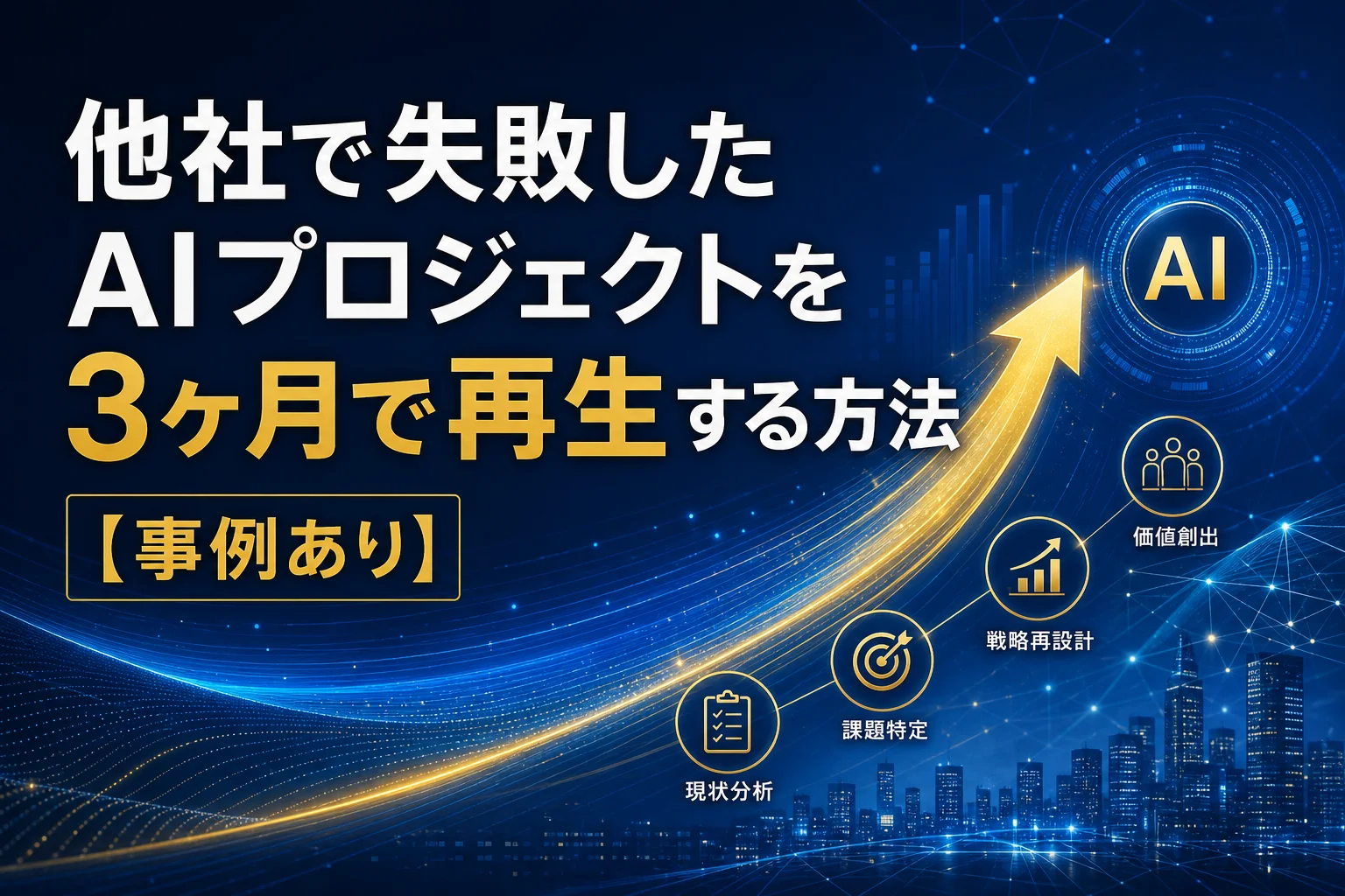 青い背景にAIを象徴する円と上昇する矢印、関連アイコンが配置されている。