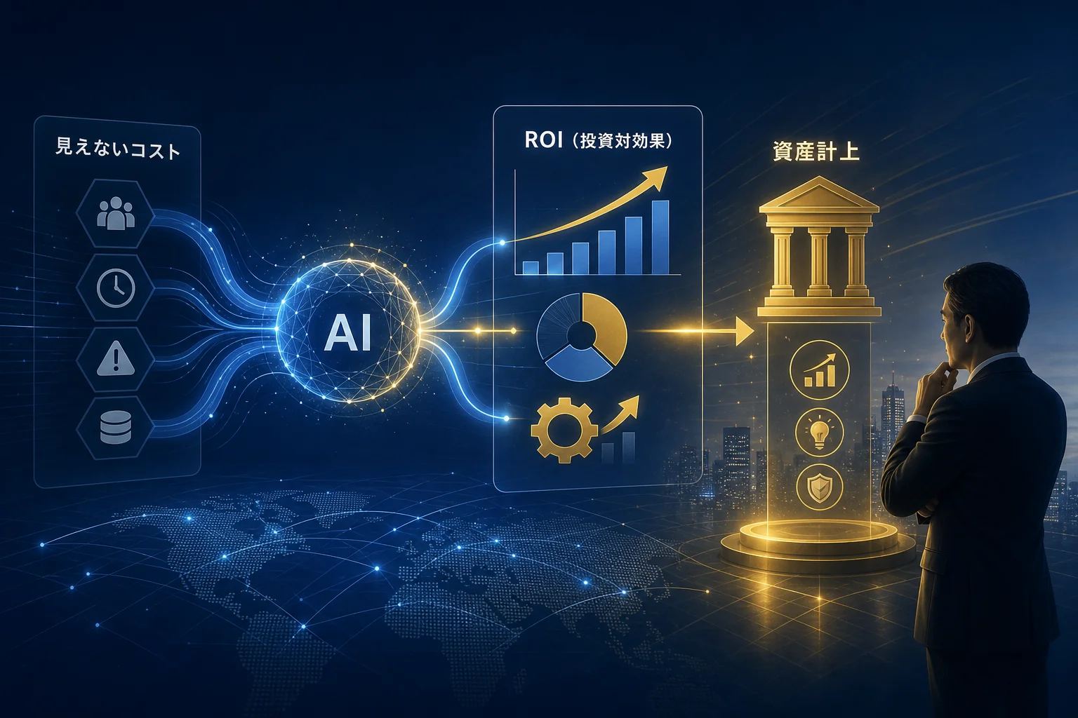 AIを活用し、見えないコストを考慮したROIを算出する図。