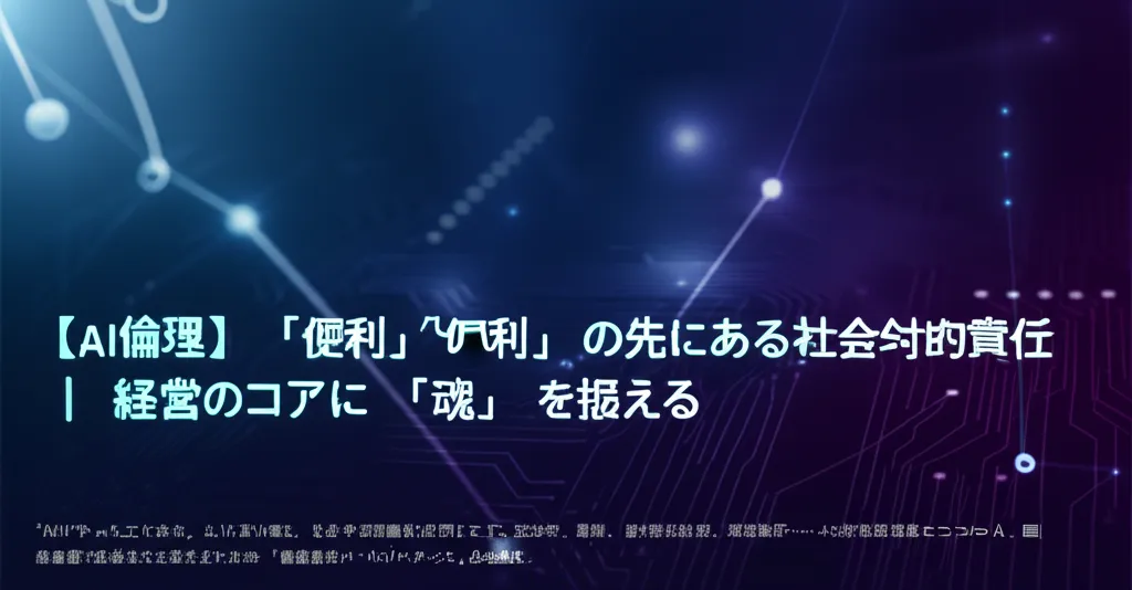 AI倫理に関するテーマを扱った画像で、社会的責任や経営の重要性について述べている。