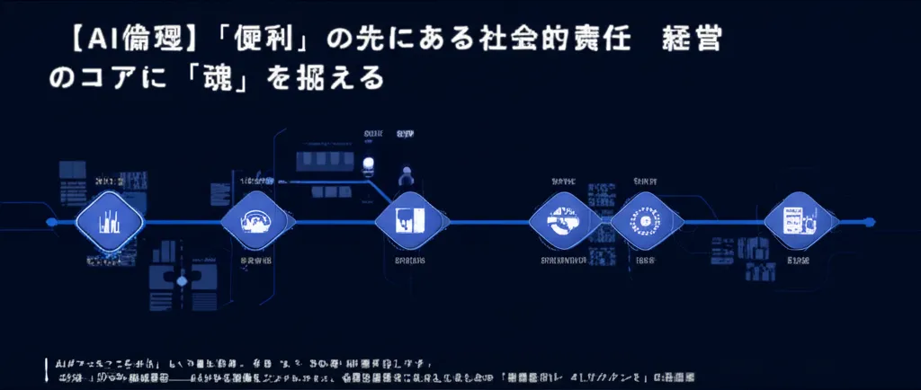 AI倫理に関するテーマを扱ったビジュアルで、社会的責任や経営の重要性を示す要素が含まれている。