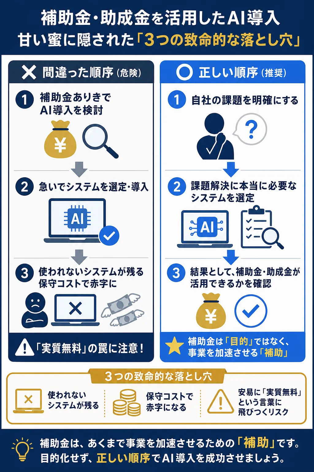 AI導入の補助金活用に関する正しい手順と注意点を示す図解。