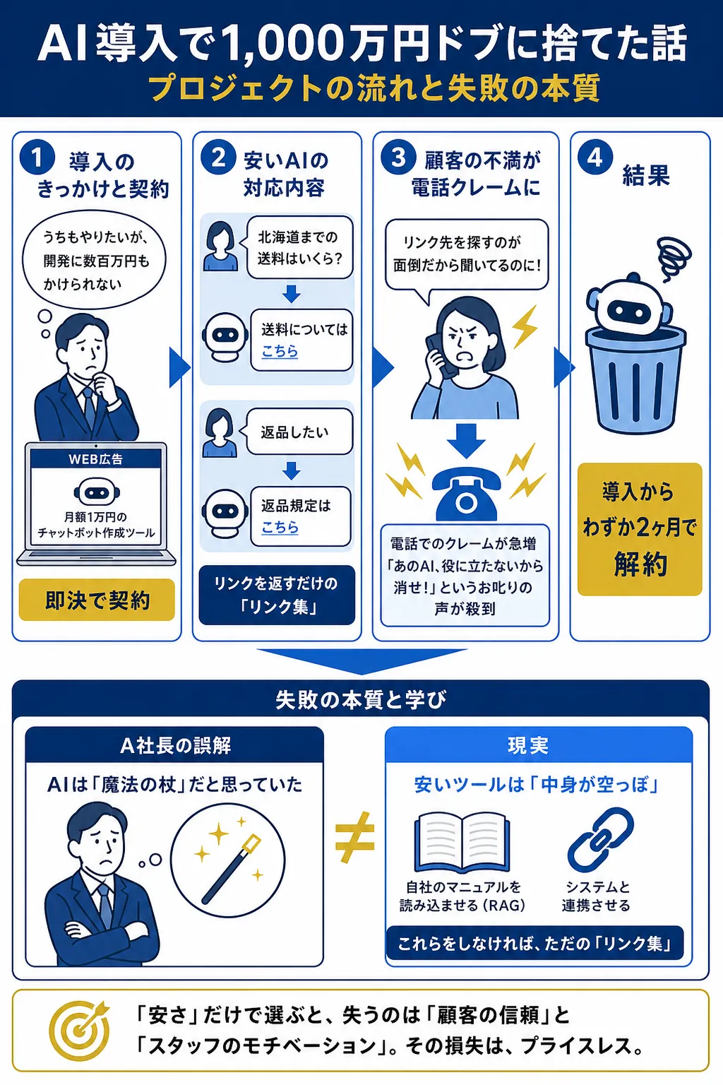 AI導入の失敗事例を示す図解で、顧客の不満が増加した様子を描写。