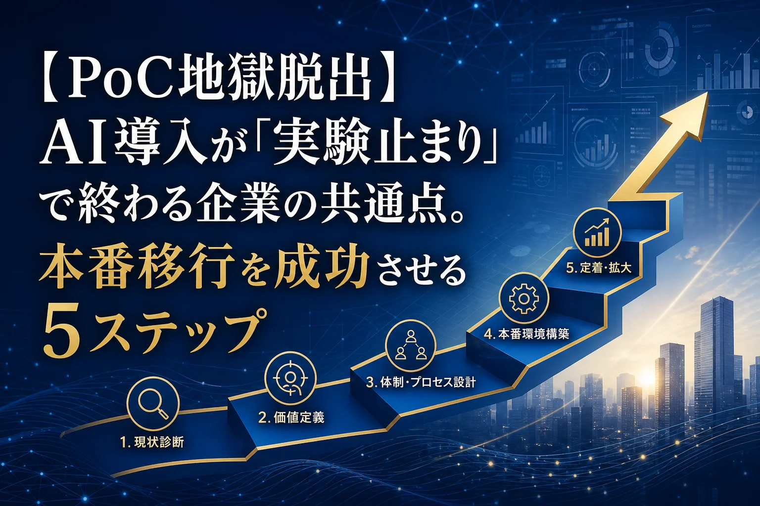 青い背景に階段が描かれ、各ステップにアイコンが配置されている。